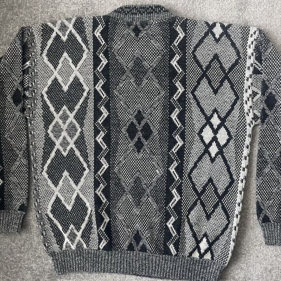 Vintage Sweater Mens Large Black White Cosby 80s Argyle Knit Striped Area by Tag - Picture 8 of 8